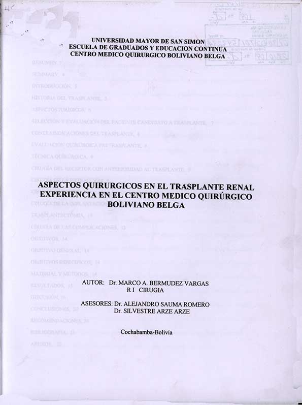 Aspectos Quirurgicos en el Trasplante Renal Experiancia en el Centro Medico Quirurgico boliviano Belga