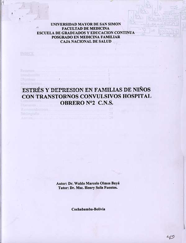 Estres y Depresion en Familias de Niños con Transtornos Convulsivos Hospital Obrero Nª2 C. N. S