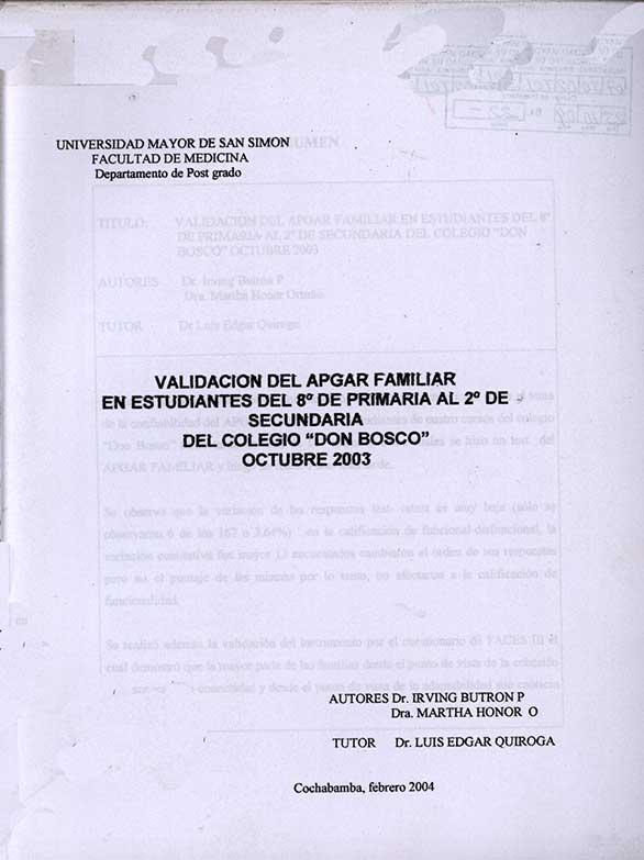 Validacion del Apgar Familiar en Estudiantes del 8º de Primaria al 2º de Secundaria del Colegio Don Bosco Octubre 2003
