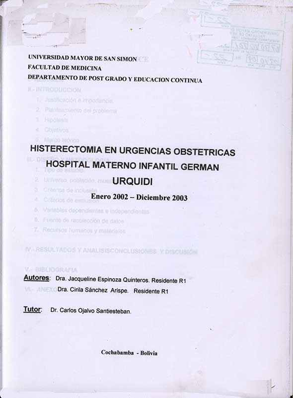 Histerectomia en Urgencias Obstetricas hospital Materno Infantil German Urquidi
