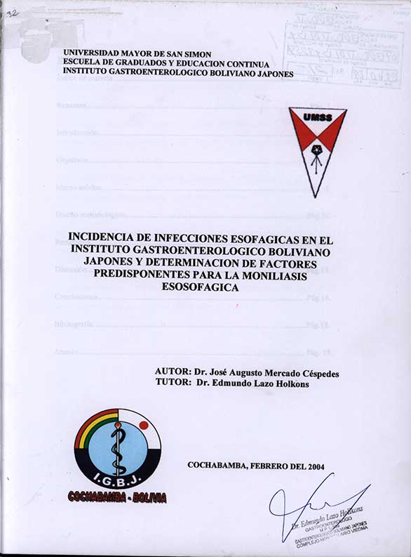 Incidencia de Infecciones Esofagicas en el instituto Gastroenterologico Boliviano Japones y Determinacion de Factores Predisponentes para la Moniliasis Esosofagica