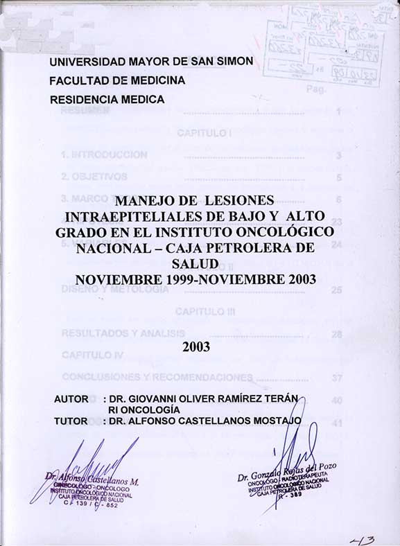 Manejo de lesiones Intraepiteliales de bajo y Alto grado en el instituto Oncologico Nacional - Caja Petrolera de Salud