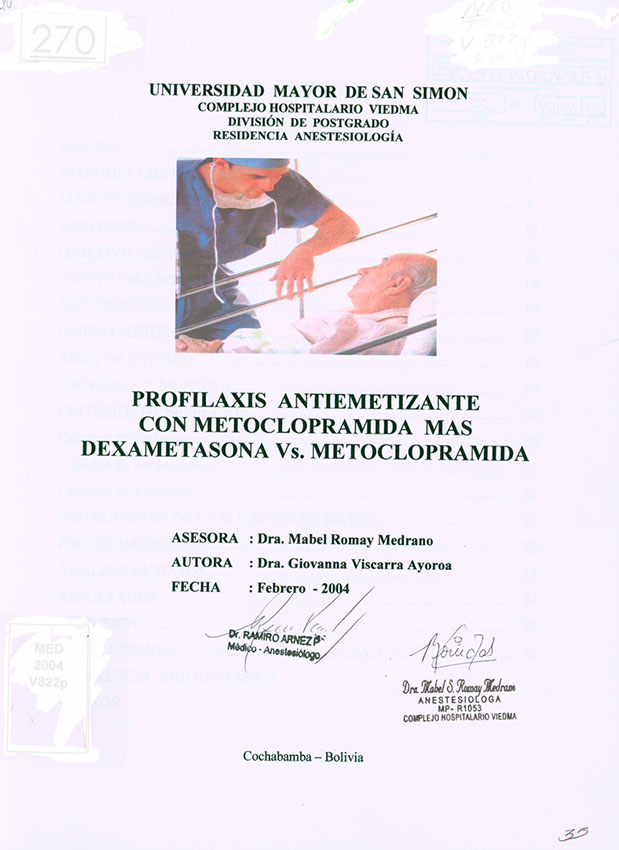 Profilaxis Antiemetizante con Metoclopramida mas dexametasona Vs. Metoclopramida