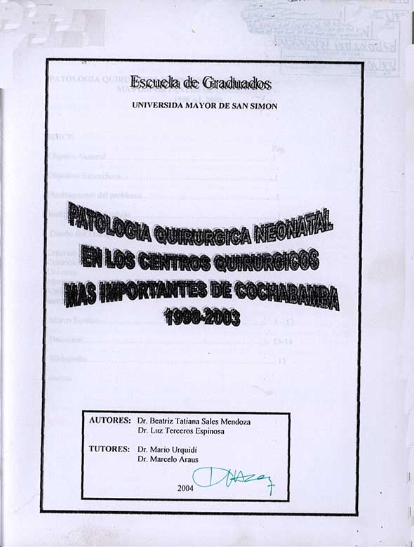 Patologia Quirurgica Neonatal en los Centros Quirurgicos mas Importantes de Cochabamba 1998 - 2003