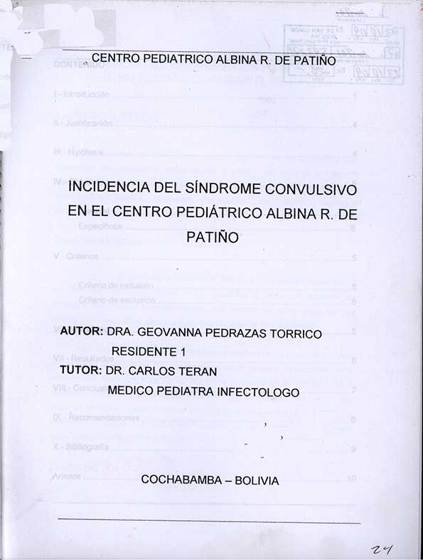 Incidencia del Sindrome Convulsivo en el Centro Pediatrico Albina Patiño