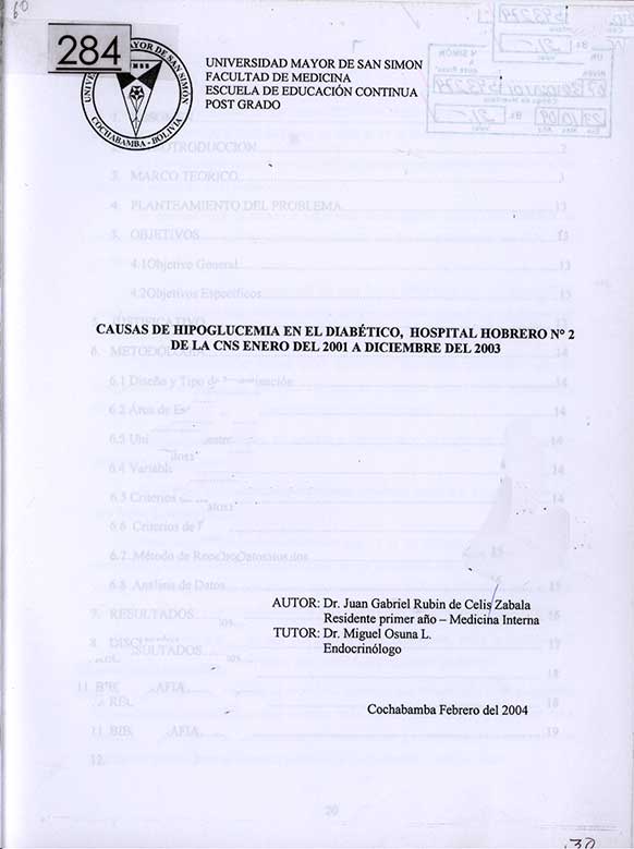 Causas de Hipoglucemia en el Diabetico, Hospital Hobrero Nº2 de la CNS Enero del 2001 a Diciembre del 2003