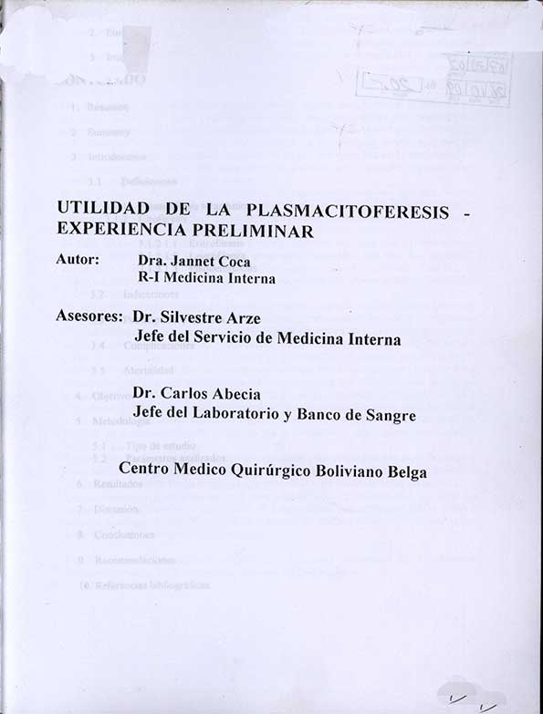 Utilidad de la Plasmacitoferesis - Experiencia Preliminar