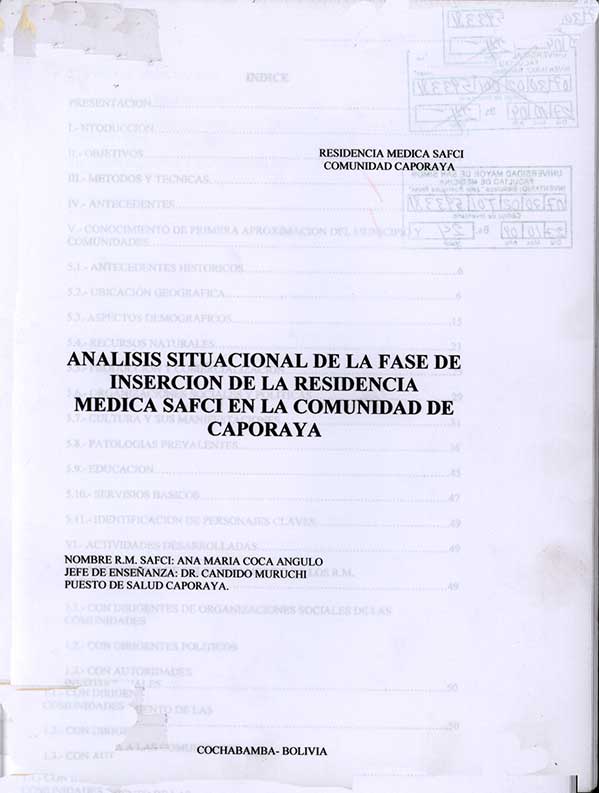Análisis Situacional de la Fase de Inserción de la residencia Médica SAFCI en la Comunidad de Caporaya