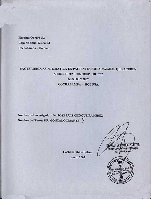 Bacteriuria Asintomatica en Pacientes Embarazadas que Acuden a Consulta del Hosp. Ob. Nº 2