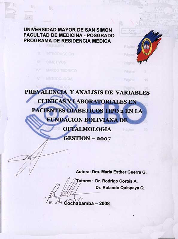 Prevalencia y Analisis de Variables Clinicas y laboratoriales en Pacientes Diabeticos Tipo 2 en la fundación Boliviana de oftalmologia Gestión - 2007