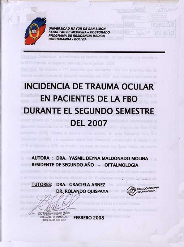 Incidencia de Trauma ocular en Pacientes de la FBO Durante el Segundo Semestre del 2007