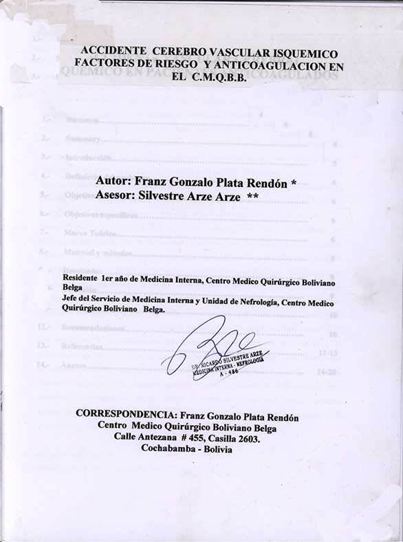 Accidente Cerebro Vascular Isquimico factores de Riesgo y Anticoagulación en el C. M. Q. B. B
