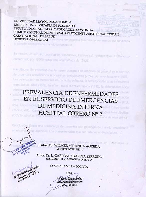 Prevalencia de Enfermedades en el Servicio de Emergencias de medicina Interna Hospital Obrero Nº 2