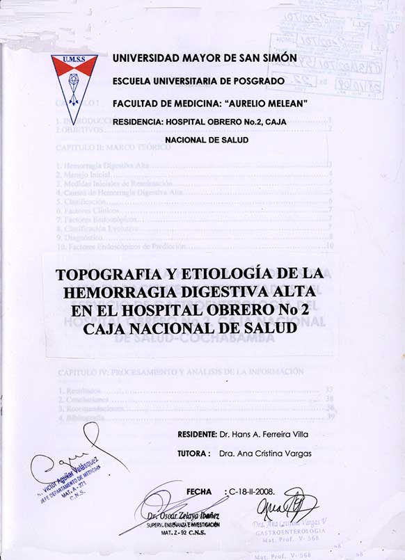 Topografia y Etiologia de la Hemorragia Digestiva Alta en el Hospital Obrero Nº 2 caja Nacional de Salud