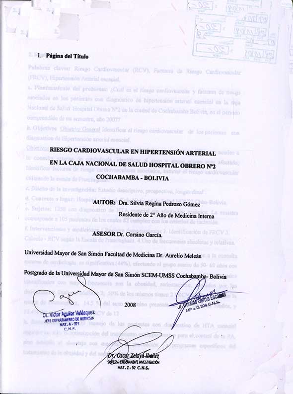 Riesgo cardiovascular en Hipertensión Arterial an la caja Nacional de Salud hospital Obrero Nº 2 Cochabmaba- Bolivia