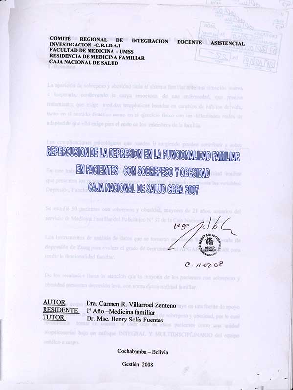 Repercución de la Represión en al Funcionalidad Familiar en Pacientes con Sobrepeso y Obesidad caja Nacional de Salud Cbba. 2007