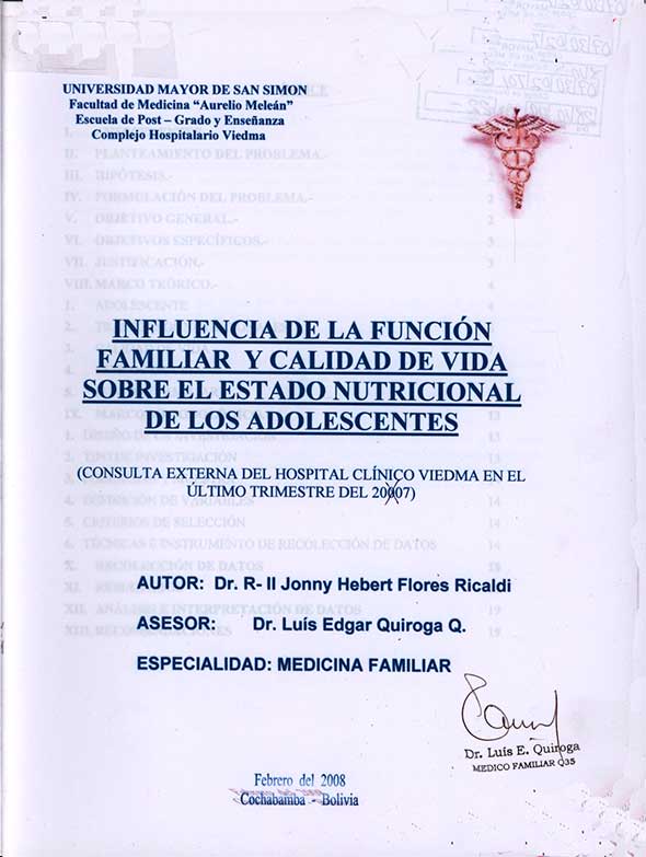 Influencia de la Función familiar y calidad de Vida Sobre el estado Nutricional de los Adolescentes, Consulta Externa del Hospital Clinico Viedma en el Último trimestre del 2007