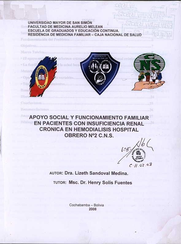 Apoyo Social y Funcionamiento Familiar en Pacientes con Insuficiencia Renal Crónica en Hemodialisis Hospital Obrero Nº 2 C. N. S