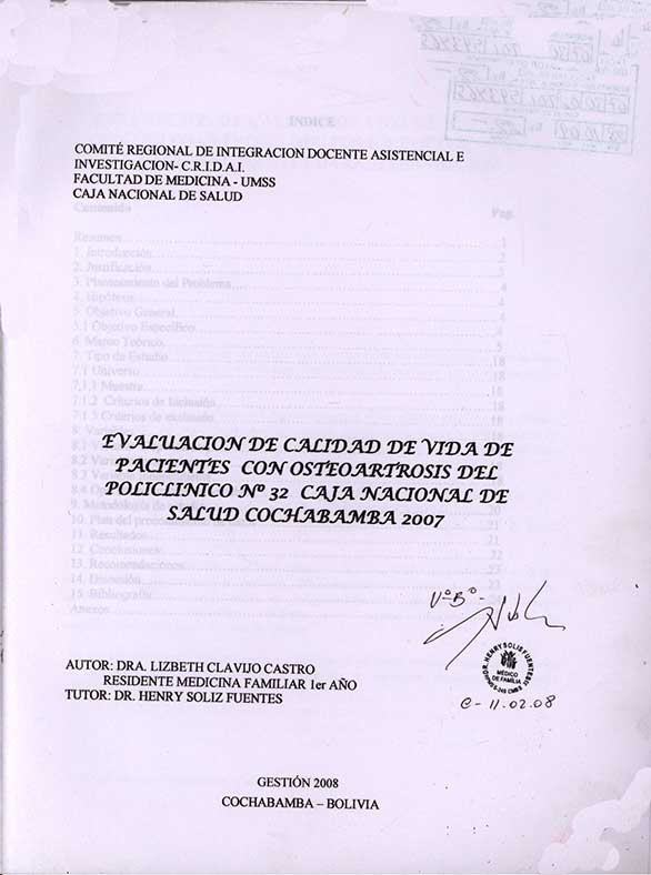 Evaluación de Calidad de Vida de Pacientes con Osteoartritis del Policlinico Nº 32 Caja Nacional de Salud Cochabamba 2007