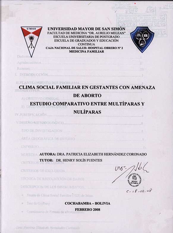 Clima Social Familiar en Gestantes con Amenaza de Aborto Estudio Comparativo entre Multiparas y Nuliparas
