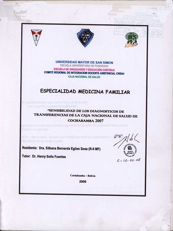 sensibilidad de los diagnósticos de transferencias de la Caja Nacional de Salud de Cochabamba 2007