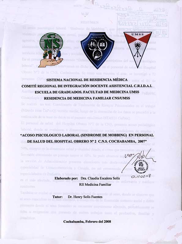 Acoso Psicológico Laboral (Sindrome de Mobbing) en Personal de Salud del Hospital Obrero Nº 2 C.N.S. Cochabamba, 2007