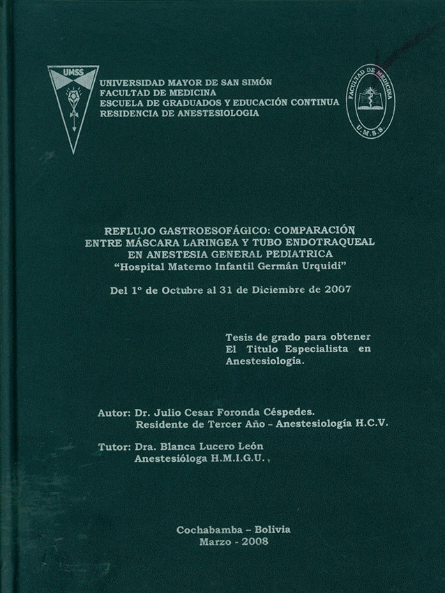 Reflujo Gastroesofágico y Tubo Endotraqueal en Anestesia General Pediátrica