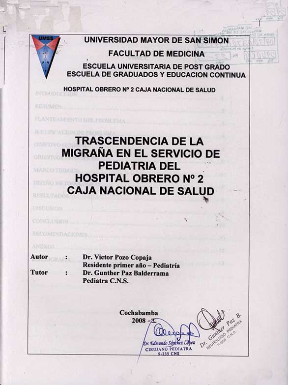 Trascendencia de la Migraña en el Servicio de Pediatria del Hospital Obrero Nº 2 Caja Nacional de Salud