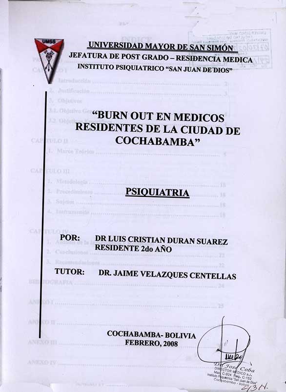 Burn Out en Medicos Residentes de la Ciudad de Cochabamba