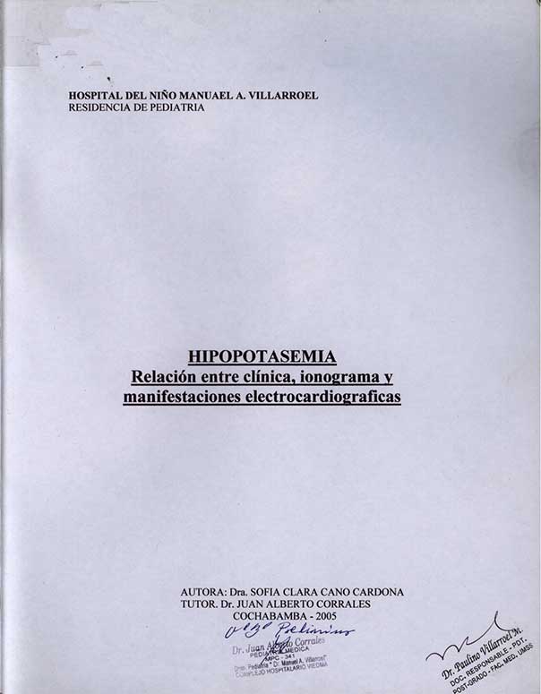 Hipopotasemia. Relación entre  clínica, ionograma y manifestaciones electrocardiograma