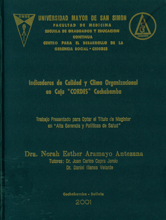 Indicadores de calidad y clima Organizacional en caja"CORDES" Cochabamba