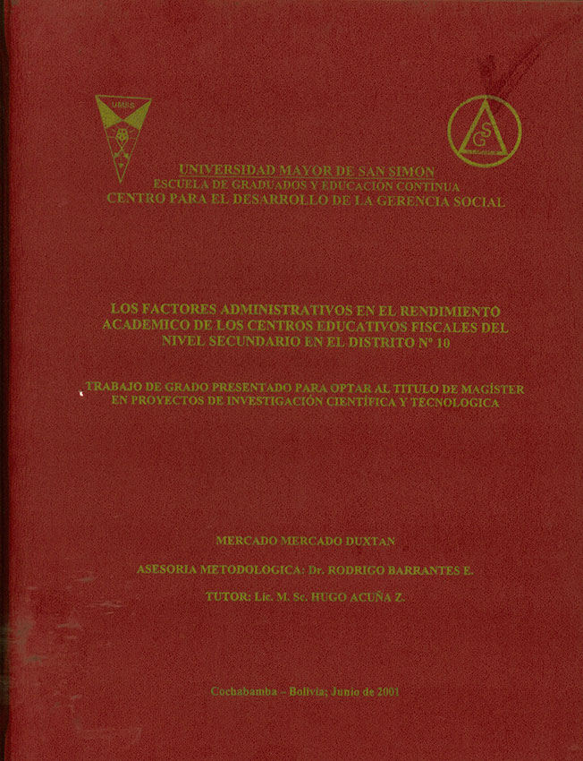 Los factores administrativos en el rendimiento académico de los centros educativos fiscales del nivel secundario en el distrito Nº10