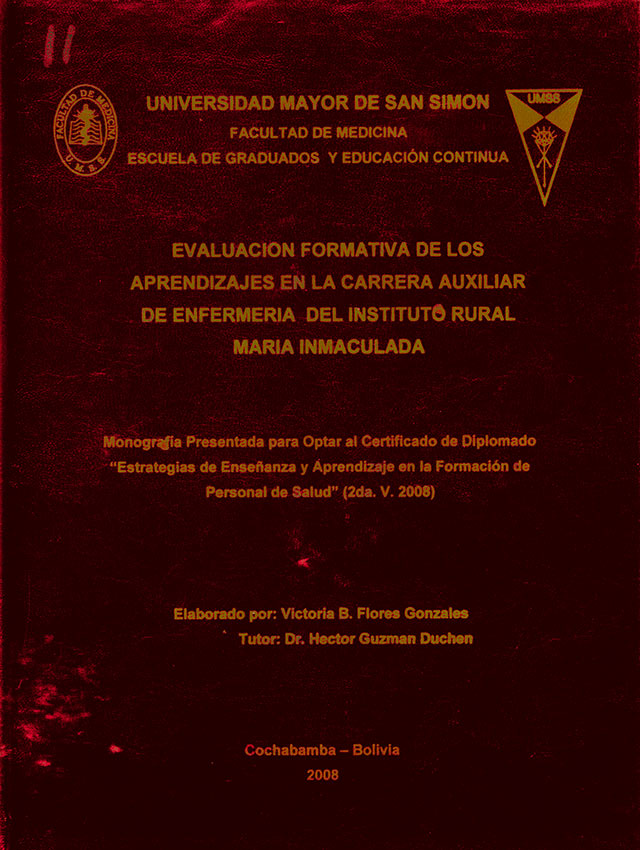 Evaluacion formativa de los aprendizajes en la carrera auxiliar de enfermeria del instituto rural Maria Inmaculada