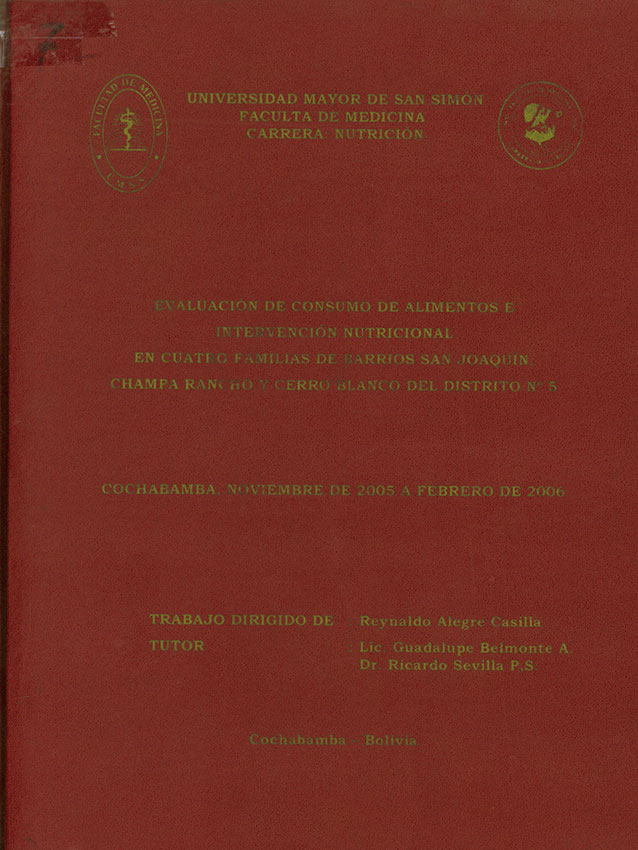 Evaluacion de consumo de alimentos e intervencion nutricional en cuatro familias de barrios San Joaquin, Champa Rancho y Cerro Blanco del Distrito Nº 5