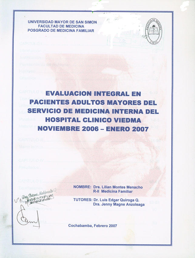 Evaluacion integral en pacientes adultos mayores del servicio de medicina interna del Hospital clinico Viedma noviembre 2006- enero 2007