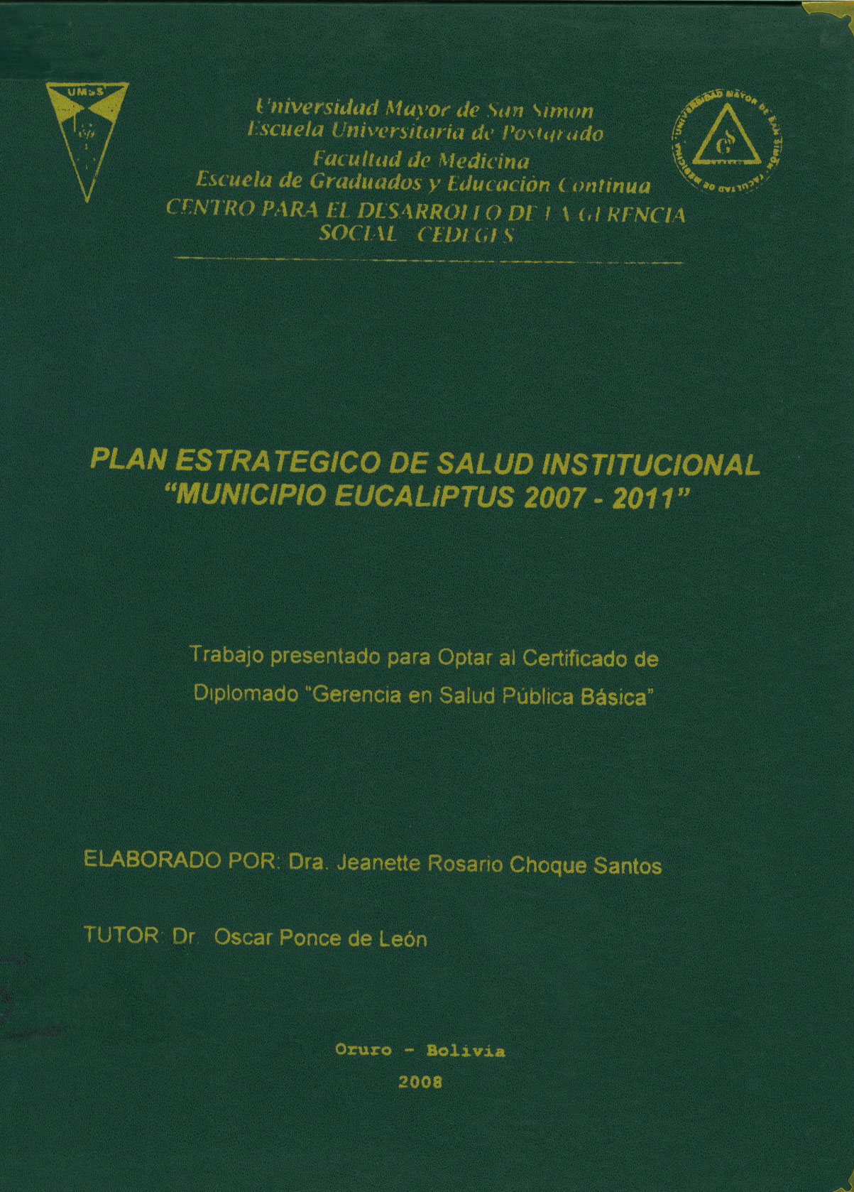 Plan estrategico de salud institucional Municipio Eucaliptus 2007-2011