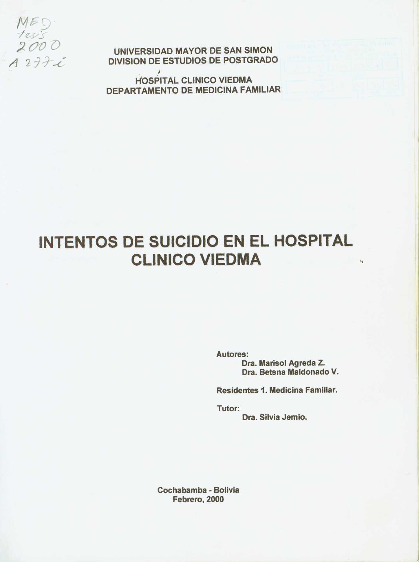 Intentos de Suicidio en el Hospital clínico Viedma