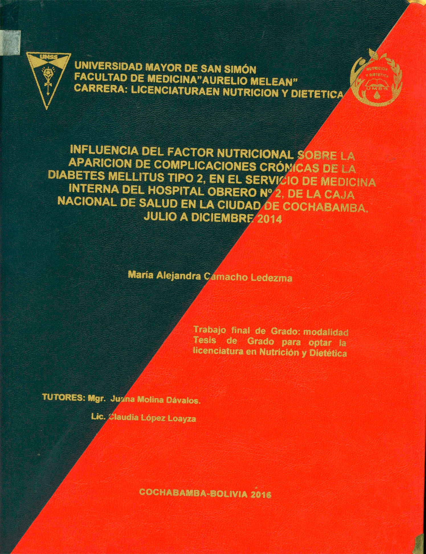 Influencia del factor nutricional sobre la aparición de complicaciones crónicas de la diabetes mellitus tipo 2, en el Servicio de medicina interna del Hospital Obrero Nº2, de la Caja Nacional de Salud en la Ciudad de Cochabamba, julio a diciembre 2014 
      <i>es</i>