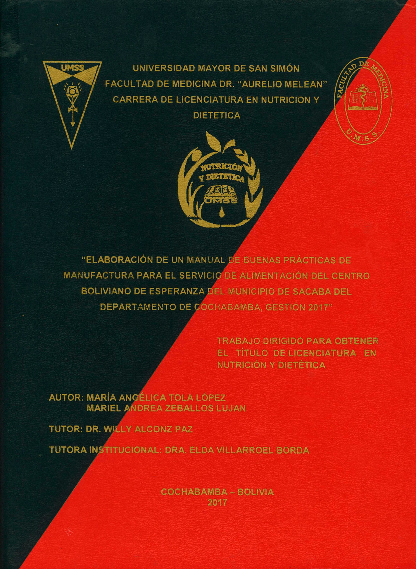 Elaboración de un manual de buenas prácticas de manufactura para el servicio de alimentación del Centro Boliviano de esperanza del Municipio de Sacaba del departamento de Cochabamba, gestión 2017
      <i>es</i>