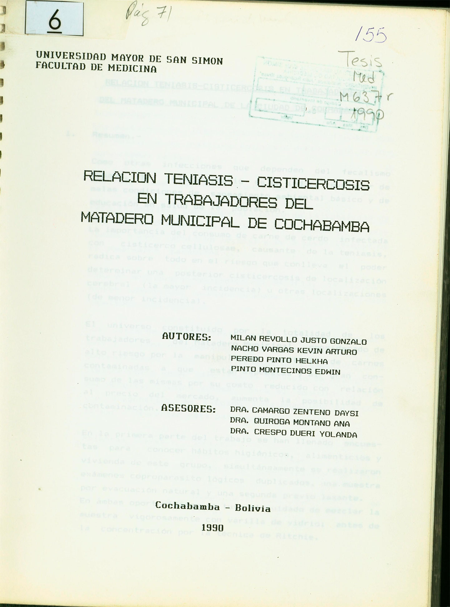 Relación teniasis-cisticercosis en trabajadores del matadero municipal de Cochabamba
      <i>es</i>