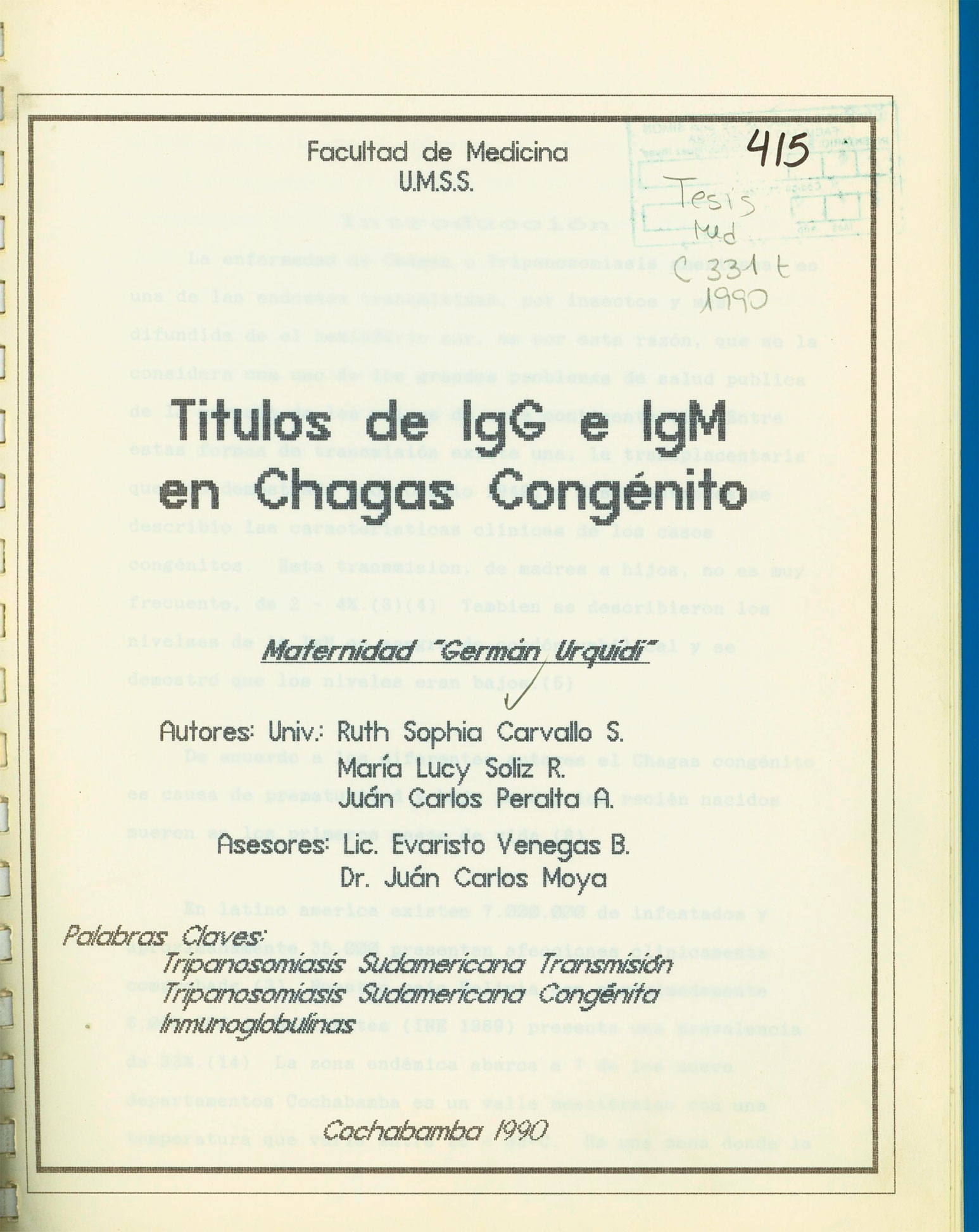 Títulos de IGG e IGM en Chagas Congénito
      <i>es</i>