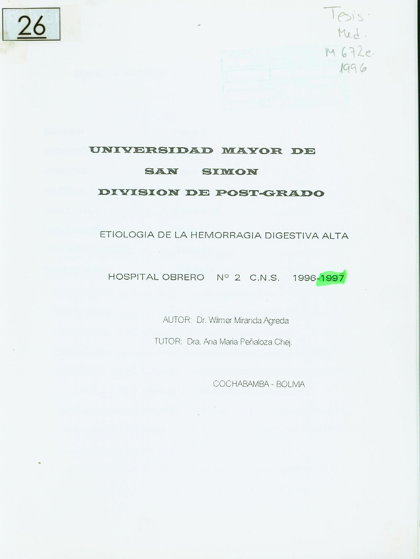 Etiología de la hemorragia digestiva alta Hospital Obrero Nº2 C.N.S.
      <i>es</i>